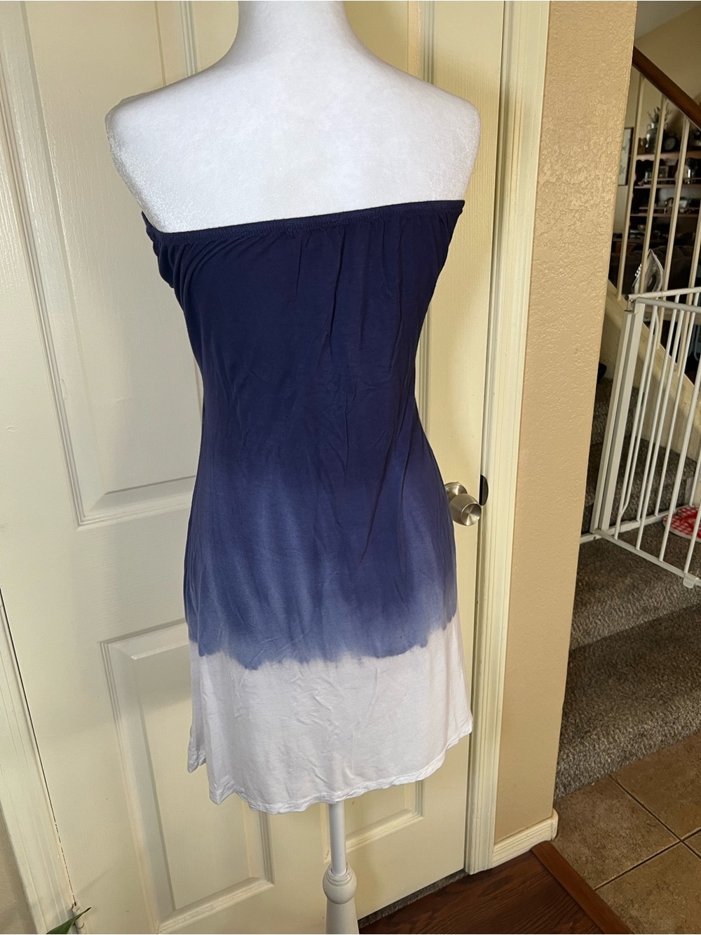 RAVYA Strapless Blue Ombre Dip Dye Tube Dress Crochet Rosette Size L Boho - Picture 7 of 9